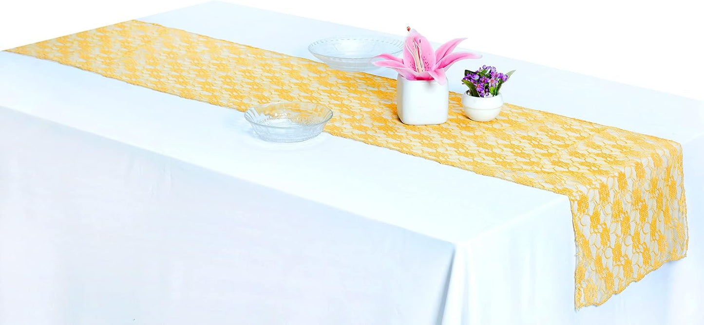 MDS Pack of 25 Wedding 12 x 108 inches Lace Table Runner for Wedding, Decorations for Birthday Parties, Banquets, Graduations, Engagements, and Runners fit Rectangle, Round Table- Yellow Gold