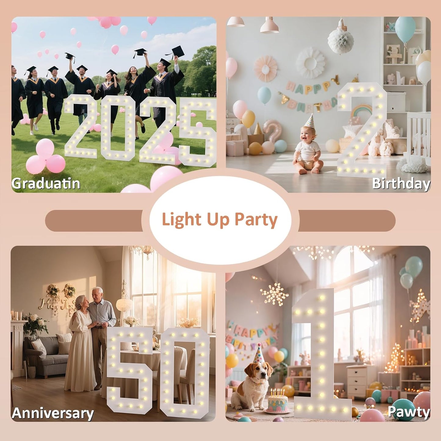 LOBOOM 4FT Light Up Numbers, Marquee Numbers 4 Feet Tall Giant Number 60 Mosaic Big Number Sign for 60th Birthday Party Backdrop Anniversary Decorations, Pre-Cut Large Frame