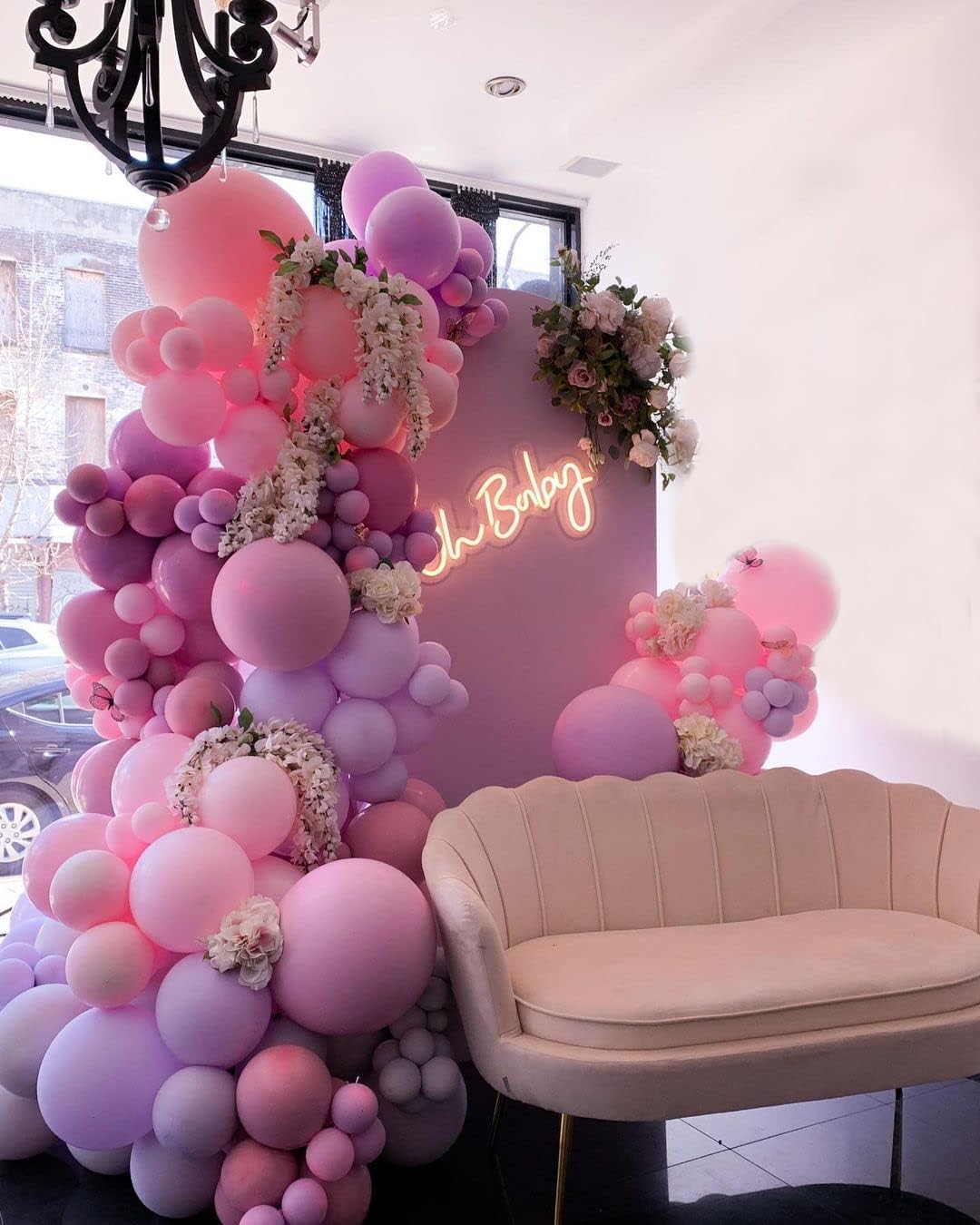 Pink and Purple Balloons Kit, 50PCS 12 Inch Purple Pink White Latex Balloon Birthday Balloons with Pink Purple Balloon Ribbons for Birthday Party Decorations