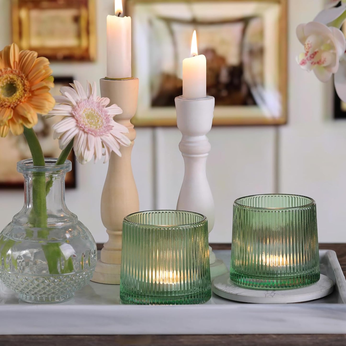 DARJEN Green Ribbed Tealight Votive Candle Holders- 6Pack Glass Candle Holders for Table Centerpiece, Wedding Decor, Home Decor, Party Dinner