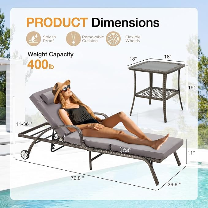 HOMREST Pool Lounge Chairs Set of 3, Outdoor Wicker Chaise - Image 2