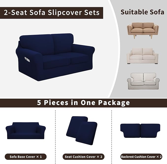 Easy-Going 5 Pieces Stretch Loveseat Cover Washable Loveseat Slipcover Set - Image 3