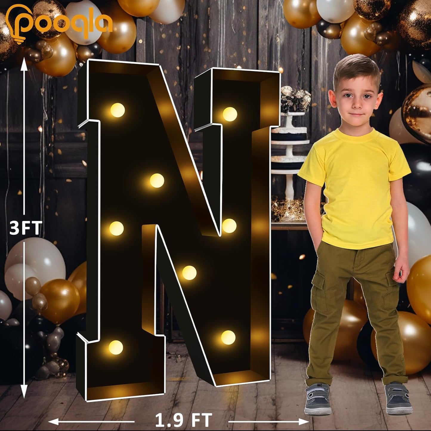 Pooqla 3FT Marquee Light Up Letters, Black LED Party Decor Large Marquee Letters 3 Feet Tall, Giant Mosaic Letter for Birthday Graduation Anniversary Wedding Decoration, Letter N
