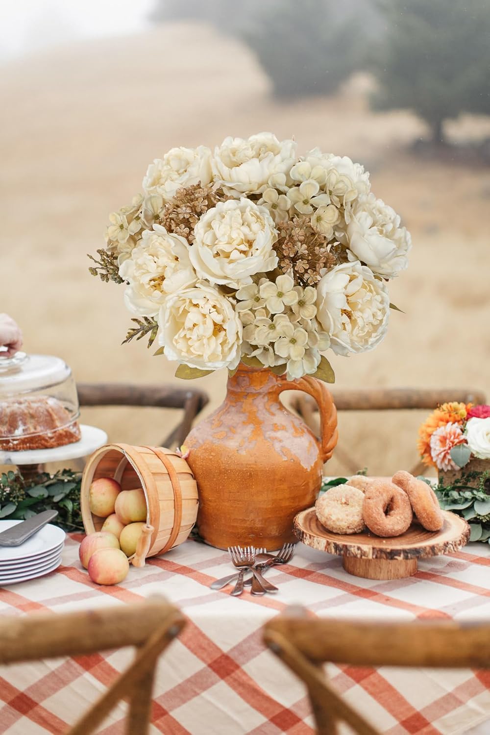 Hollyone 2Pcs Artificial Fall Flowers Bouquet 18.8" White Dried Peony Hydrangea Fake Fall Floral Silk Flowers Autumn Faux Flower Arrangement for Home Wedding Table Centerpiece Thanksgiving Party Decor