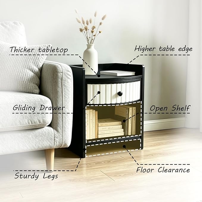 Wooden Nightstand with Drawer and Open Storage Shelf, Curved Front Bedside Table - Image 3