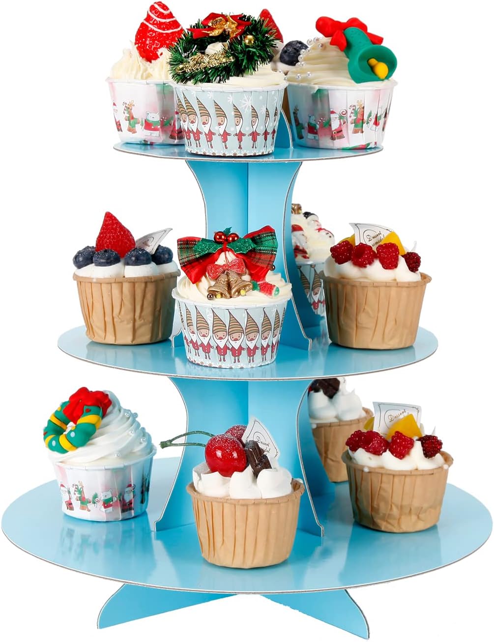 2Pcs 3-Tier Cupcake Stand, Cake Stand holder, Tiered DIY Cupcake Stand Tower for Dessert Table Displays, Birthday Theme Party Favors Decoration, Floral Tea Party, 12" W x 12.8" H, Light Blue