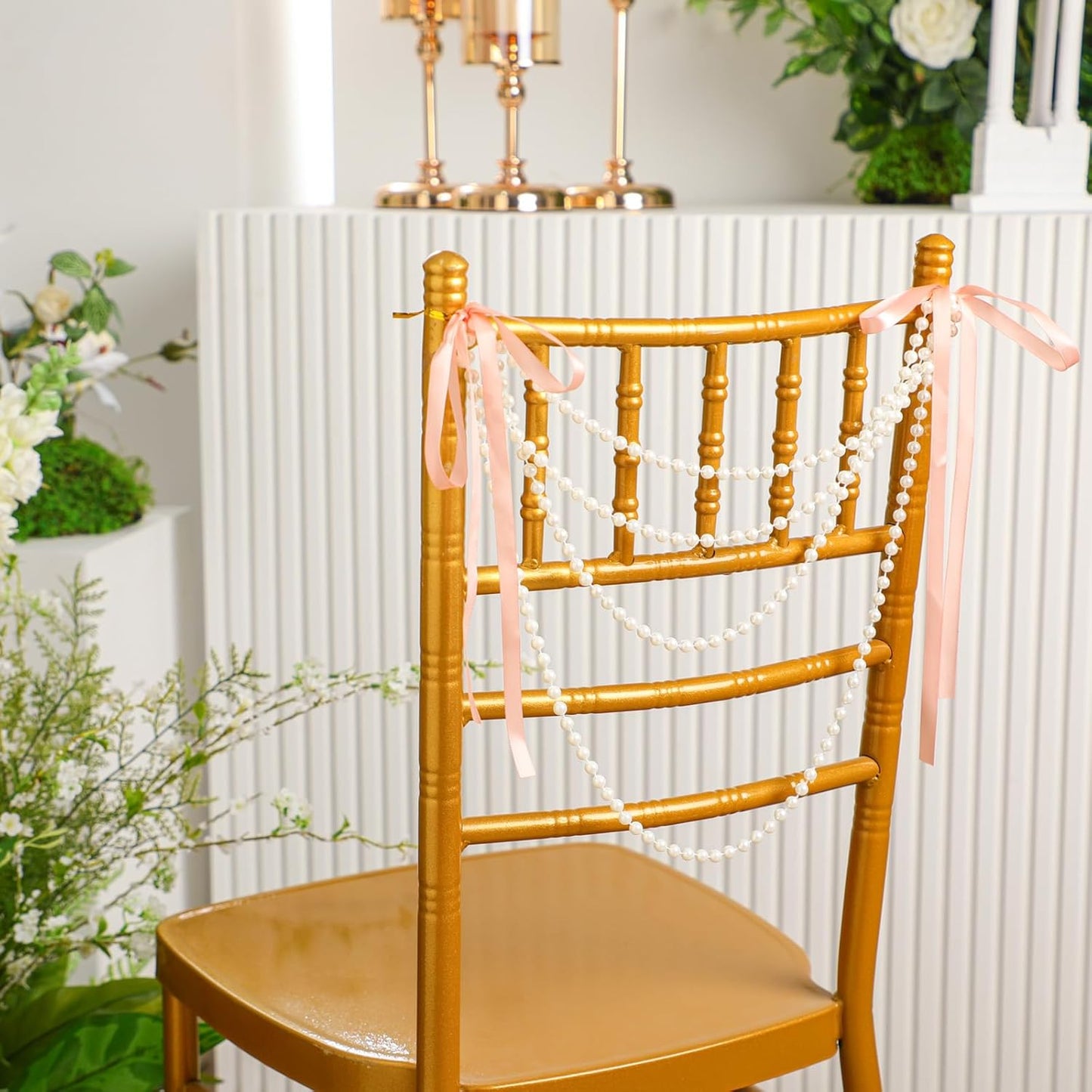 Wedding Pearl Bow Chair Decor Satin Ribbon Bows with Pearl Beaded String Garland Aisle Chair Sashes Decorations for Ceremony Coquette Party Banquet Decor