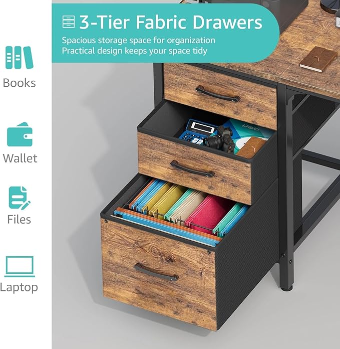 Lufeiya Computer Desk with Fabric File Drawers Cabinet, 55 Inch Reversible Home - Image 6