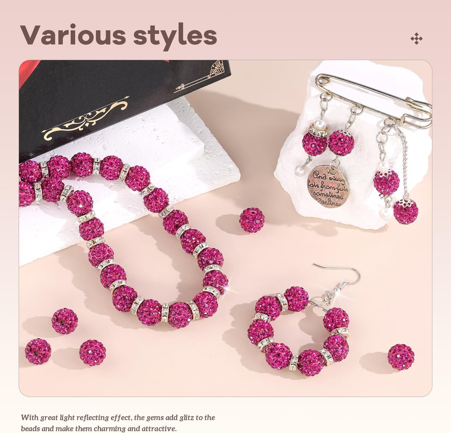 200pcs 10mm Rhinestone Beads for Jewelry Making, Fuchsia Shiny Round Disco Ball Beads Bulk, Sparkle Crystal Clay Christmas for Bracelet Baseball Necklace Earring Crafting and DIY