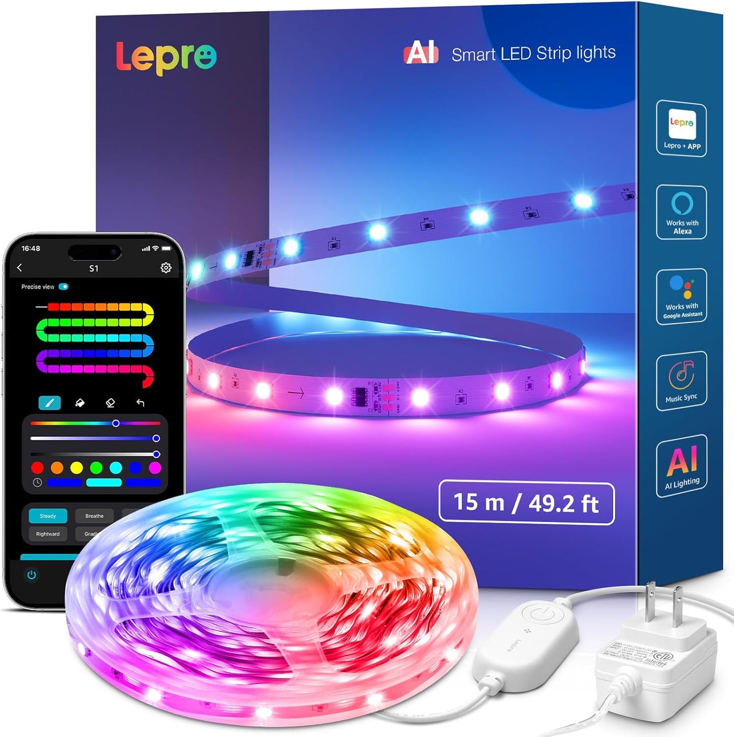 Lepro S1 AI LED Strip Lights for Bedroom - 50ft Smart RGB Light Strips with IC and Rainbow Chasing Effects, Color Segment DIY, AI Generated Lighting, No Remote, 2.4G Wi-Fi & Bluetooth