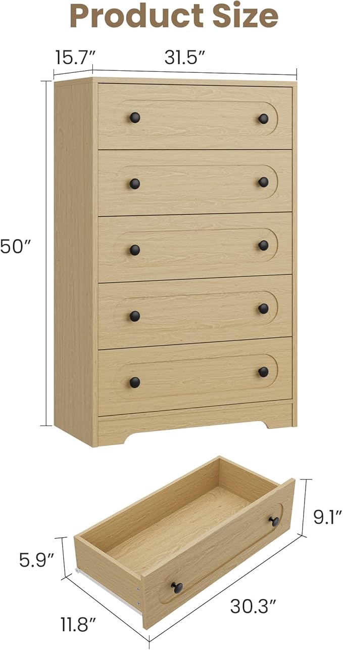 Garvee 5 Drawer Dresser for Bedroom, Wooden Mid Century Modern Chest of Drawers - Image 2