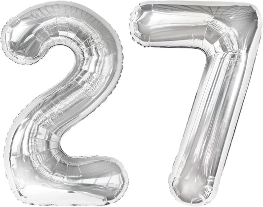 Silver Number 27 Birthday Balloon 40 Inch, Digital Balloons for 27 Party Celebration Decorations Supplies, Mylar Foil Numbers Balloon for 27 Wedding Anniversary