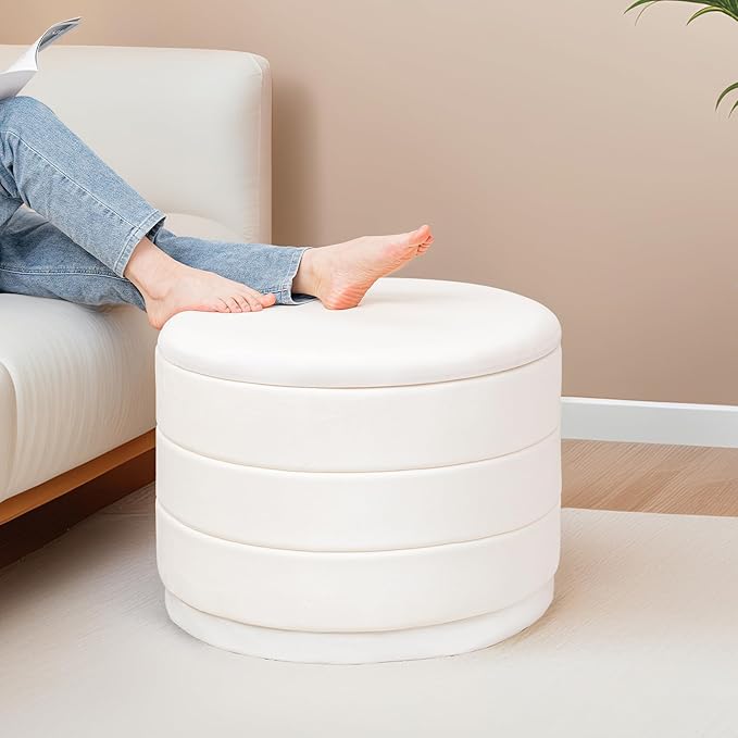 23" Upholstered Round Velvet Ottoman - Image 5