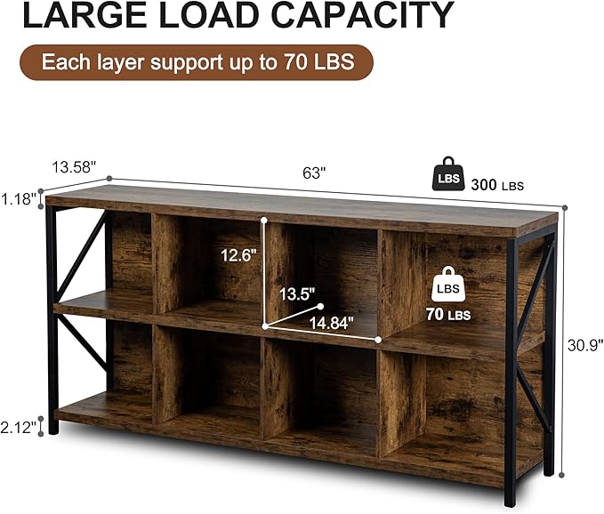 8 Cube Storage Organizer Bookshelf, Industrial Horizontal Bookcase, Accent - Image 2