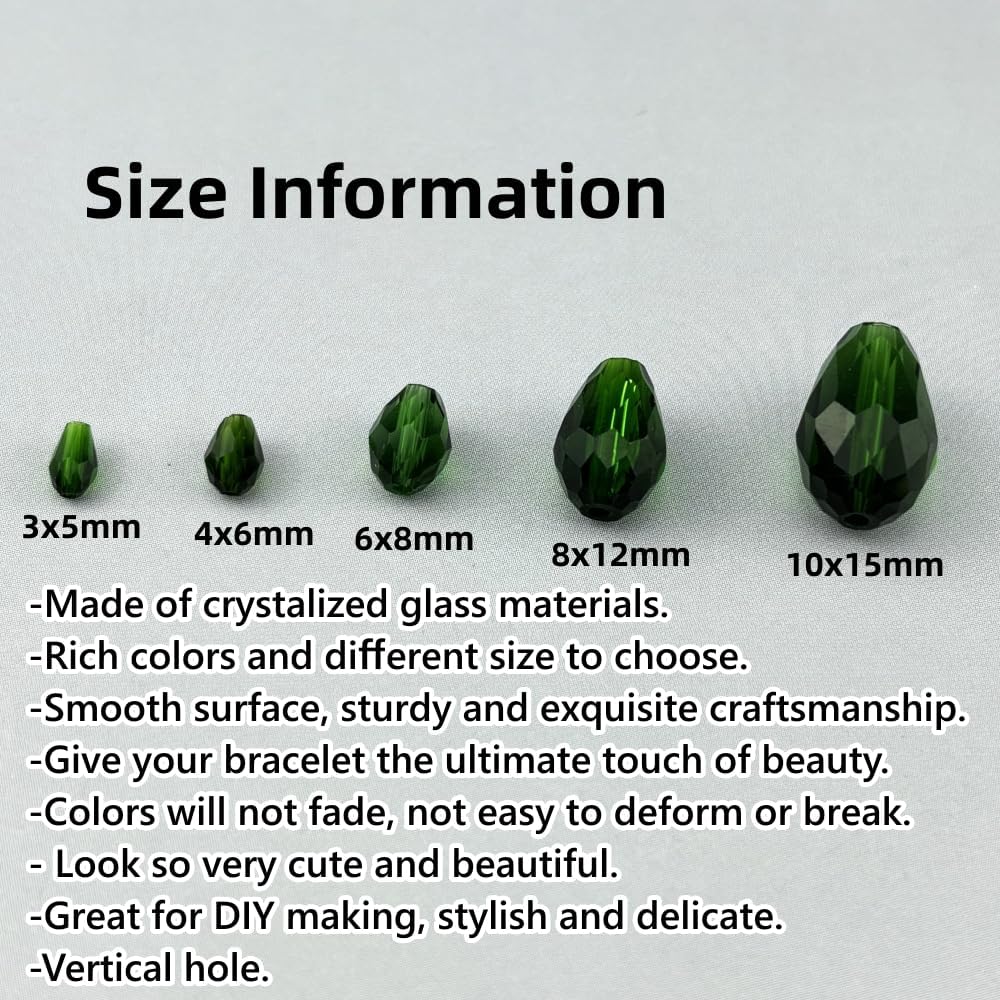 100pcs 8x12mm Teardrop Crystal Glass Beads for Jewelry Making, Faceted Vertical Hole Teardrop Glass Spacer Beads for Wind Chimes Bracelet Earring Necklace DIY Craft(Dark Green)