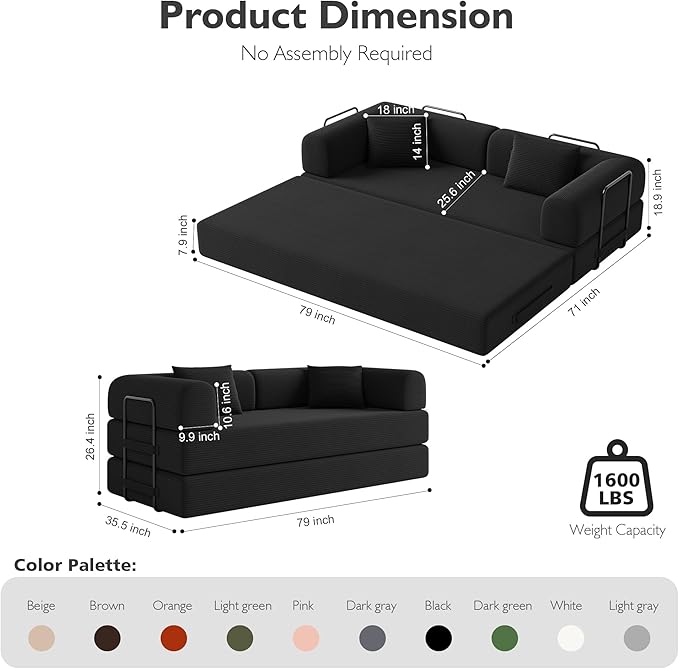 79in Convertible Sofa Bed, Corduroy Boneless Couch Bed, Futon Sleeper Sofa Pull - Image 2