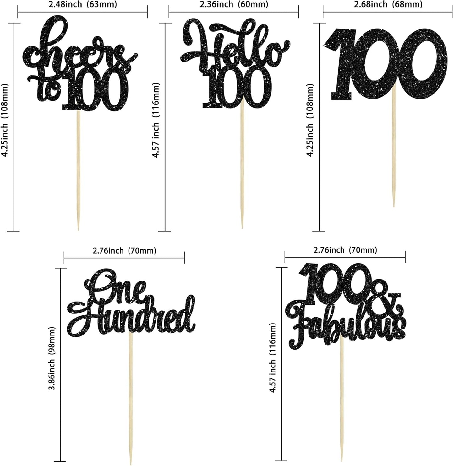 30pcs Happy 100th Birthday Cupcake Toppers - Black Glitter One Hundred Cheers to 100 Years Old Cupcake Picks for Anniversary Party Cake Decorations