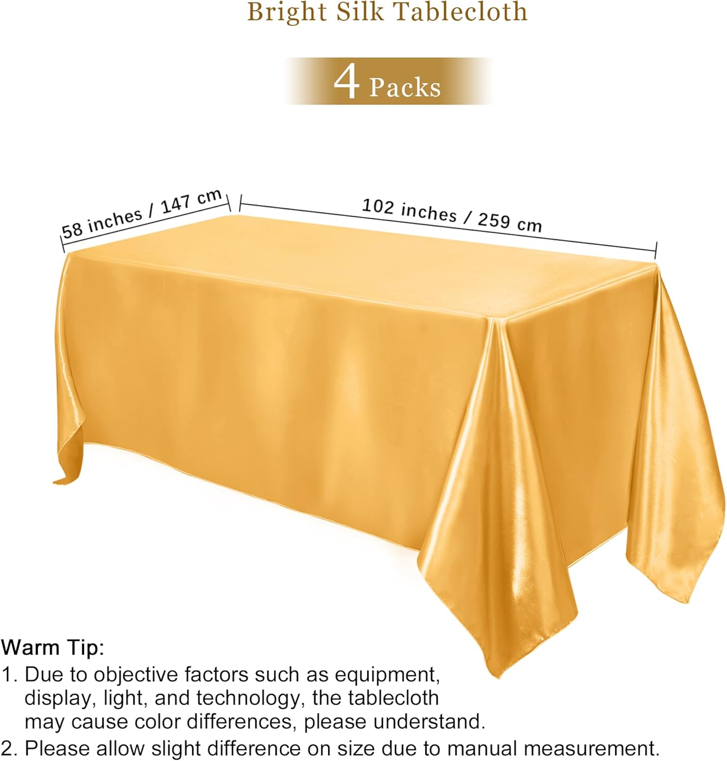 TURSTIN 4 Packs Gold Satin Tablecloth 102 x 58 Inch Overlay Satin Table Cover Rectangle Bright Silk Tablecloth Smooth Fabric Table Decoration for Wedding Banquet Party Events