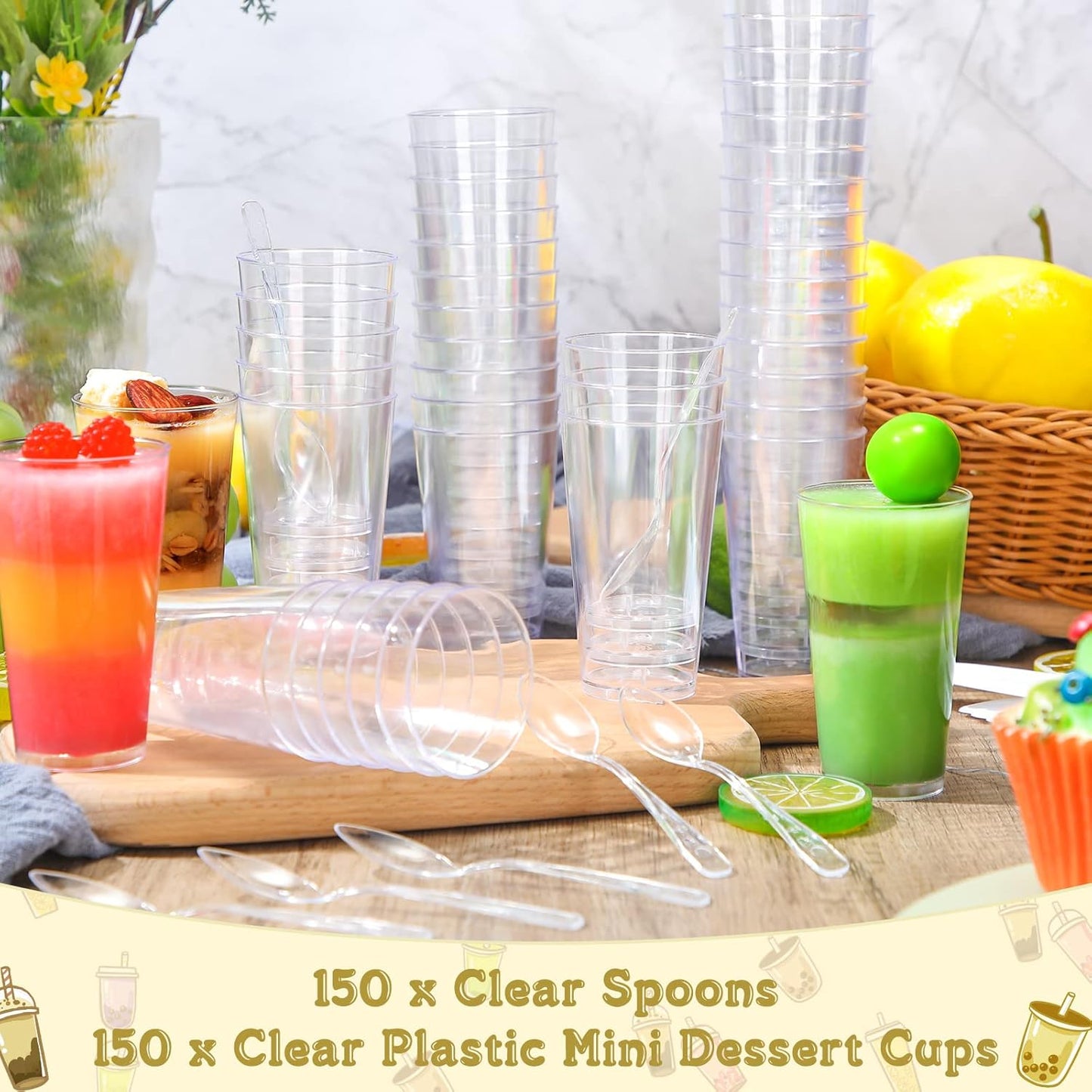 CHENGU 3 Oz Dessert Cups with Spoons Mini Shooter Cups Small Round Tableware for Parfait Appetizer Pudding Tasting for Event Festival Birthday Party Supplies(150 Pieces)