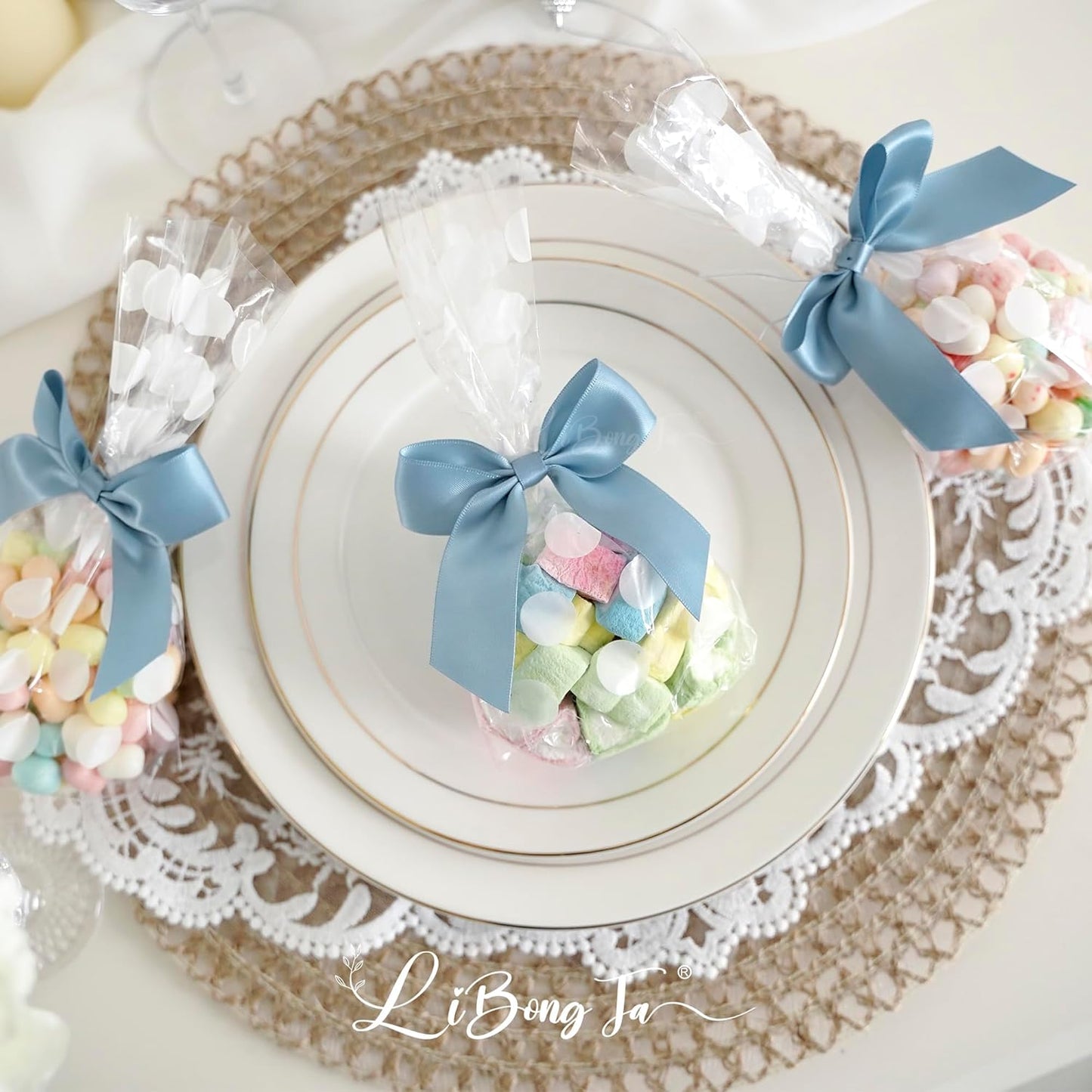 3.5" Dusty Blue Bow Satin Pre-Tied Bows for Gift Wrapping, Small Bows for Crafts, Premade Bows, Candy Apple Bows, Twist Tie Bows for Cake Decorating, Party Favor, Wedding Decoration-36 Counts