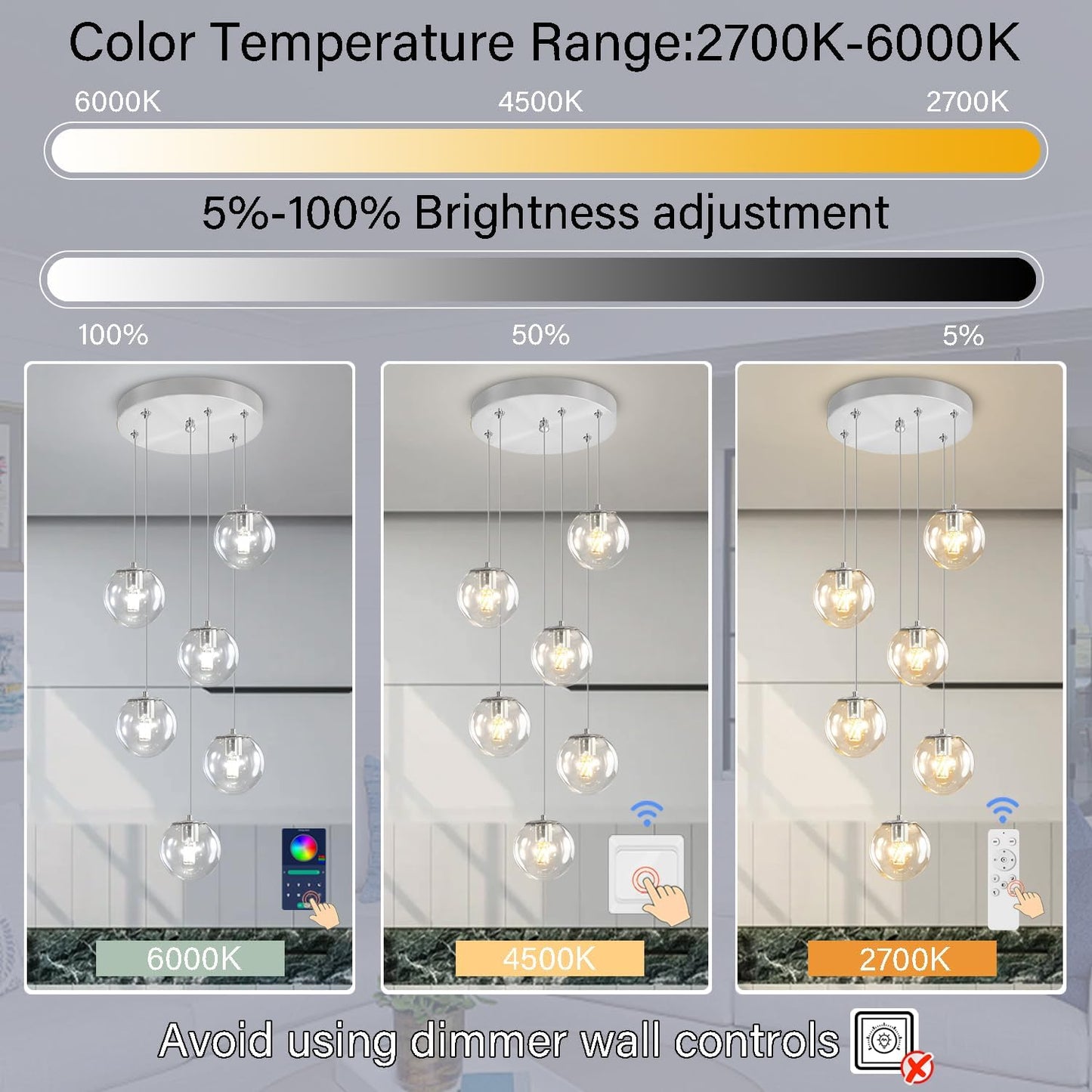 H 87in Modern Glass Globe Chandelier 6-Lights Glass Pendant Light for Staircase Silver Globe Chandelier Clear Glass Hanging Lighting for Living Room Bedroom Entryway