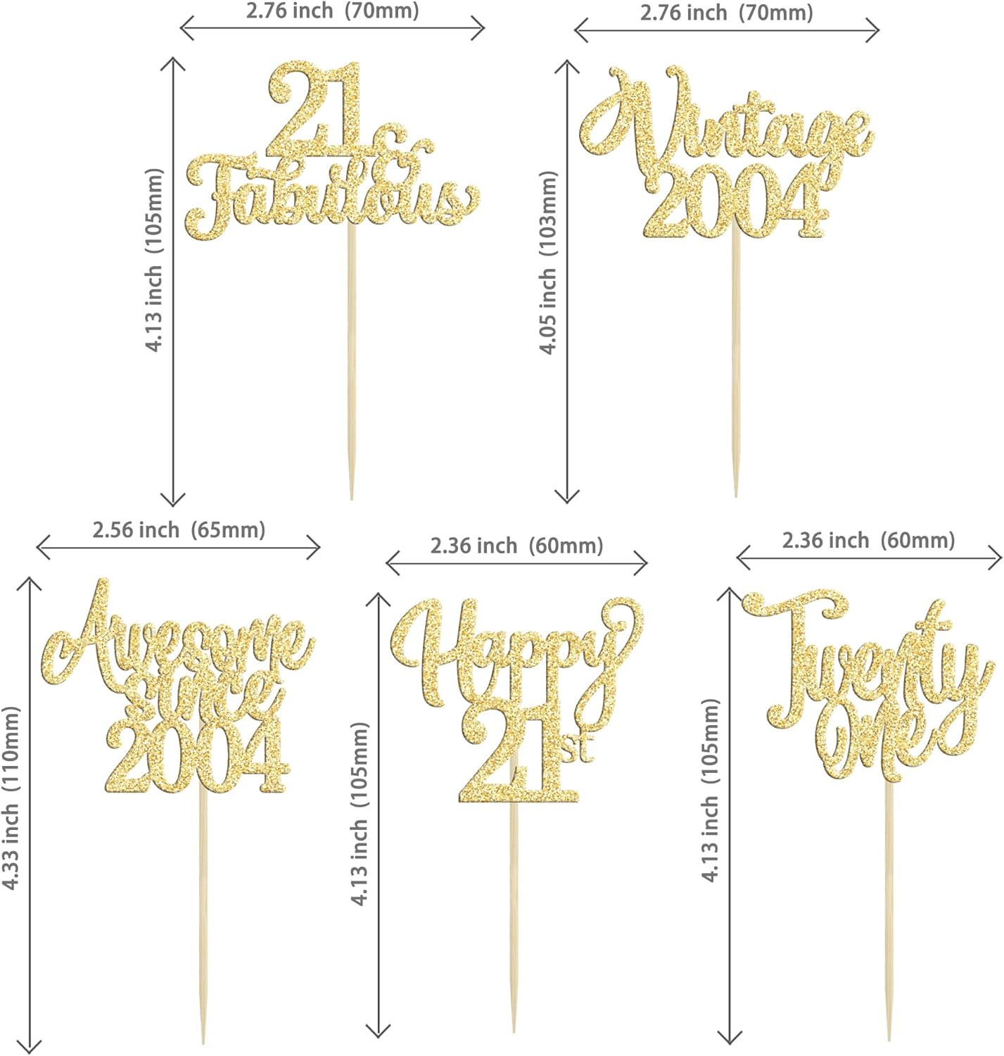 30Pcs Vintage 2004 Cupcake Toppers Glitter Twenty-one Happy 21st Birthday 21 Fabulous Cupcake Picks Awesome Since 2004 Cake Decorations for 21st Birthday Anniversary Retirement Party Supplies Gold
