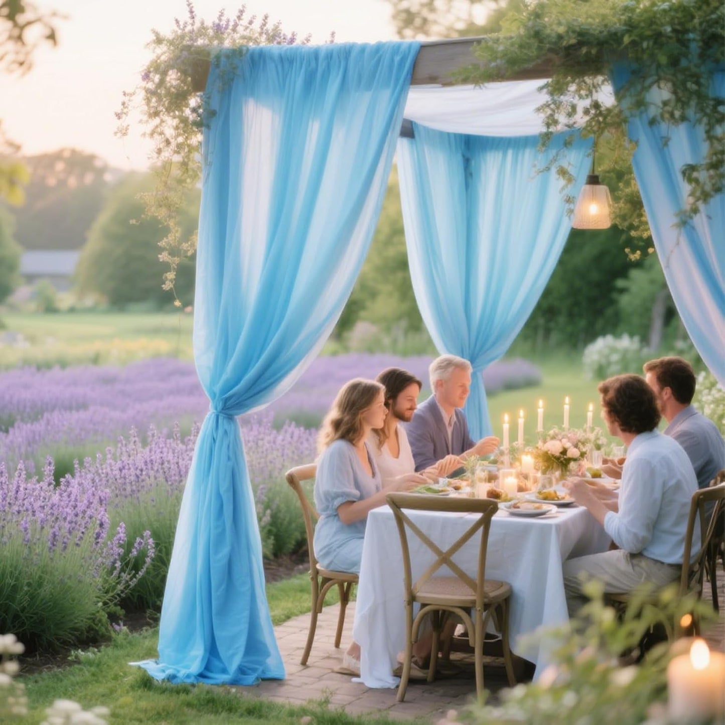 VOK Blue Wedding Arch Draping Fabric Chiffon Fabric, 29in x 18Ft 2 Panels Sheer Chiffon Outdoor Curtain for Wedding Ceremony Birthday Party Decoration (Blue,2 Panel)