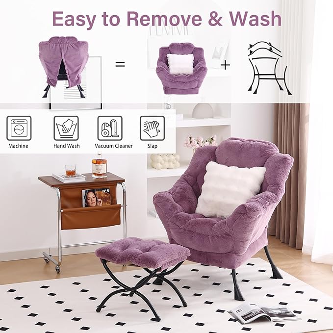 Lazy Chair with Ottoman, Large Purple Accent Chair with Ottoman and FA Throw - Image 5