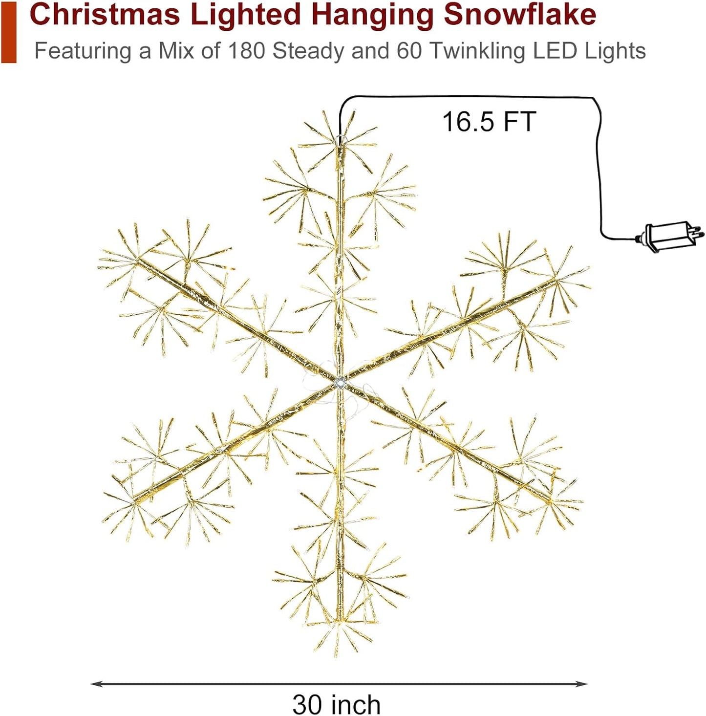 30’’ Christmas Snowflake Lights Outdoor, Pre-lit 240Pcs Warm White LEDs Hanging Golden Snowflake Decoration for Home Indoor Outdoor Window Silhouette