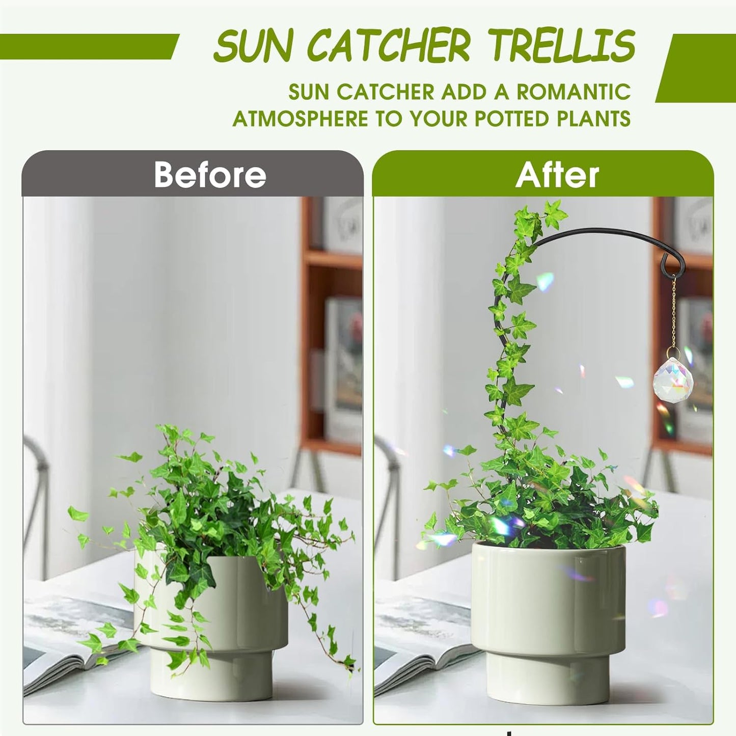 Plant Trellis for Potted Plants with Colorful Crystal Sun Catcher, 17.5 Inch Metal Plant Stakes for Indoor Plant Accessories Indoor for Home Garden,Plant Lover Gift (Black)