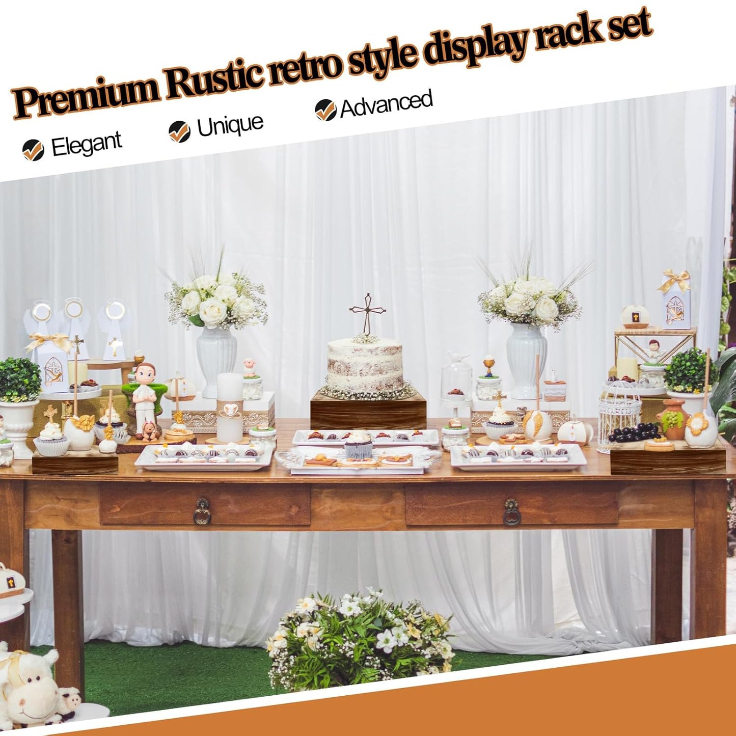 Roowest Set of 4 Wood Display Risers Rustic Cupcake Stand Rustic Wood Cake Stands Wooden Stackable Display Box for Dessert Wedding Birthday Christmas Village Party Decoration(Black Brown)