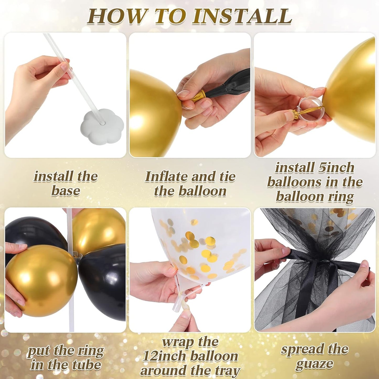 BBTO 8 Set Table Centerpieces Balloons Stand Kit, 80 Pcs Latex Balloons and Table Stand Holder with Base Tulle for Wedding Birthday Baby Shower Party(Black, Gold)