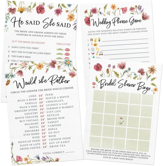 Printed Party Bridal Shower Game Set – 4 Fun Games and Activities for 30 Guests, Includes Bingo, He Said She Said, Bride & Groom Trivia, and Wedding Phrase Guessing Game, Love In Bloom Wildflower Design
