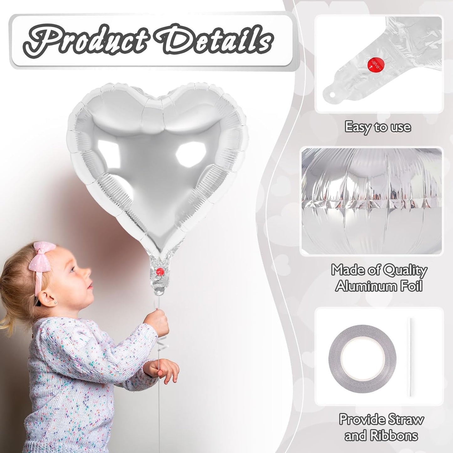 24 Pcs Silver Heart Balloons,18 inch Heart Shape Foil Balloons Love Balloons Valentine Balloons for Birthday Party Wedding Engagement Party Baby Shower Valentine Day Decorations (Silver)