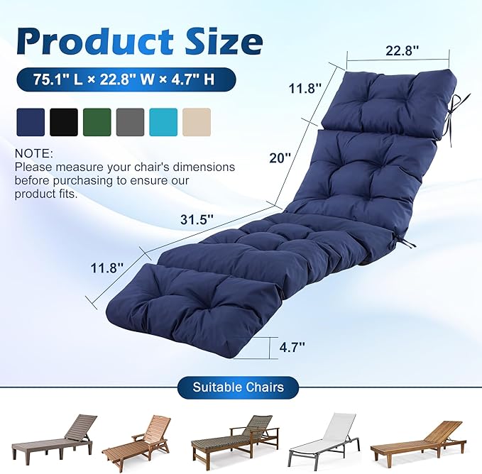 Chaise Lounge Cushions Outdoor, Waterproof & Fade Resistant Patio Lounge Chair - Image 2