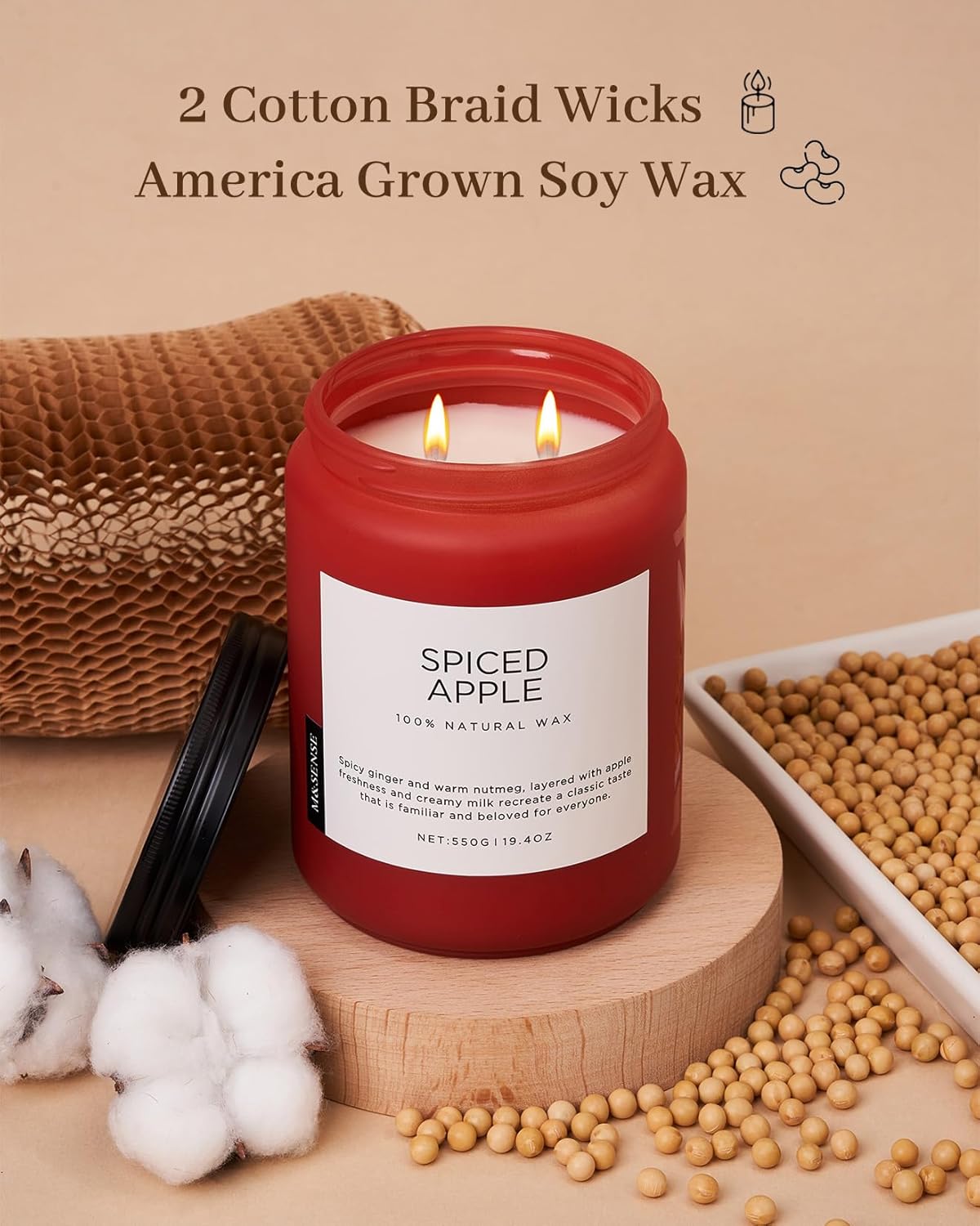 M&SENSE Spiced Apple Scented Candles for Home Natural Soy Wax 19.4oz 110 Hours Large Long Lasting Highly Scented Classic Christmas Holiday 2 Wicks Candle Gift Home Decor