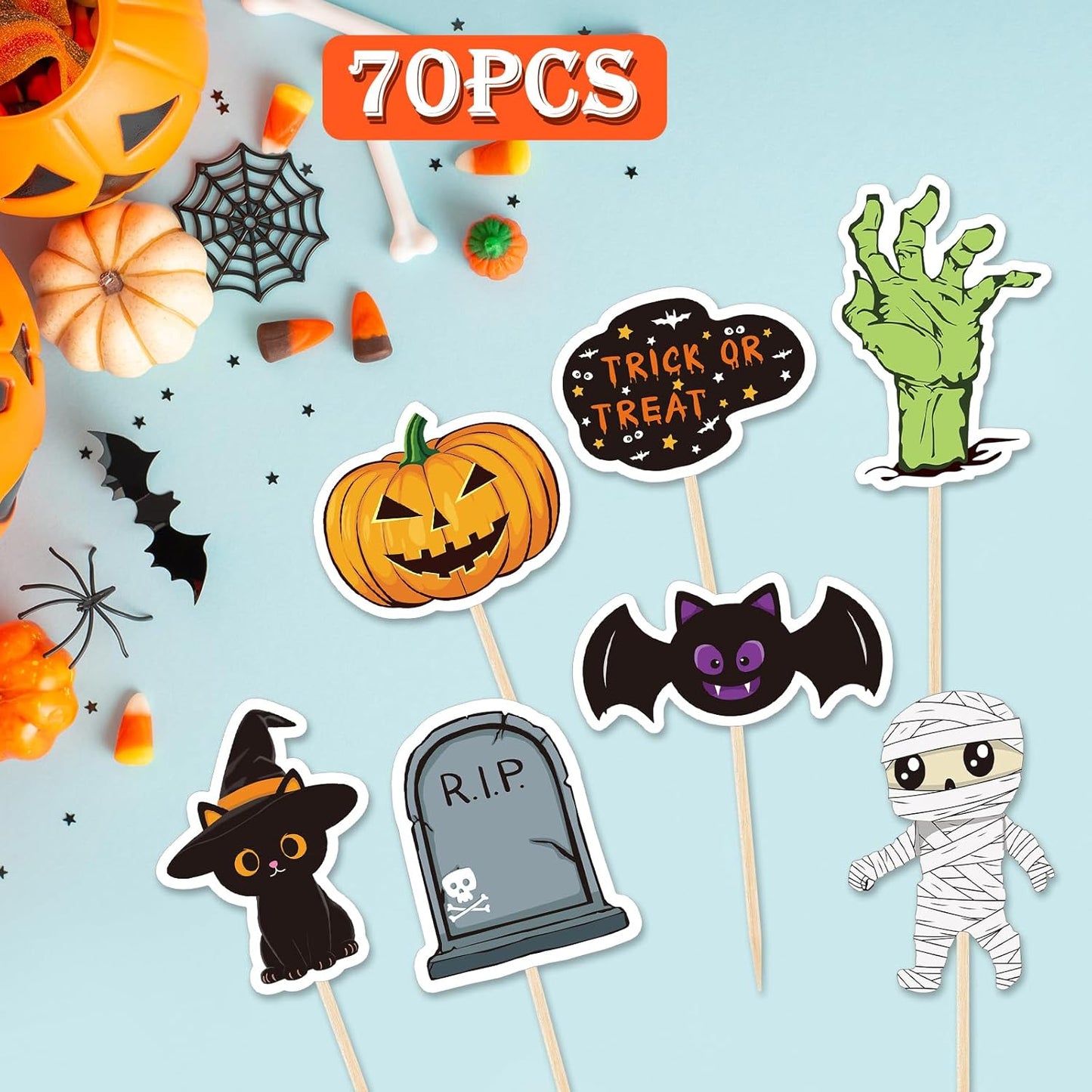 NACHLYNN 70pcs Halloween Cupcake Toppers Spooky Haunted House Night Party Fruit Cake Decoration Favors
