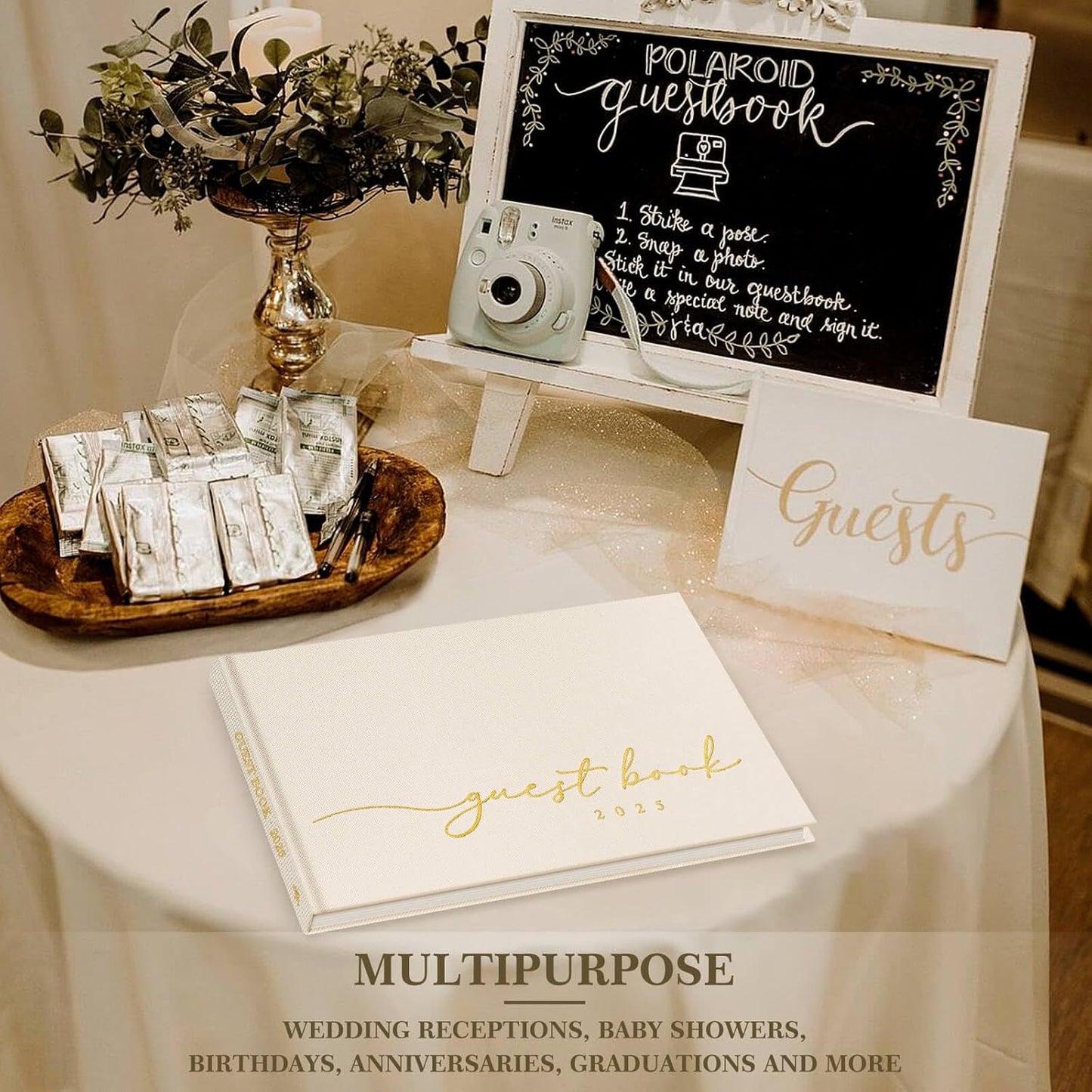 Lanpn Wedding Guest Book 2025 - Linen Graduation Guestbook Wedding Reception with 108 Blank Pages for Sign in and Photos - Polaroid Guest Book for Wedding Bridal Shower Baby Shower Funeral (Black)