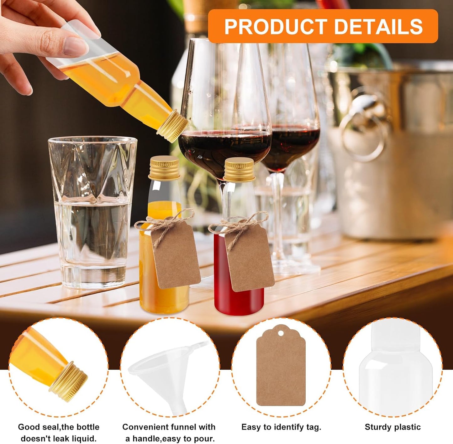 96 Pcs Mini Liquor Bottles Set, 30 Pcs 2oz Plastic Alcohol Bottles with Gold Cap, 30pcs Kraft Tags and 6pcs Funnels with 30pcs Ropes, Miniature Bottle Bulk for Wedding Birthday Christmas Party Favor
