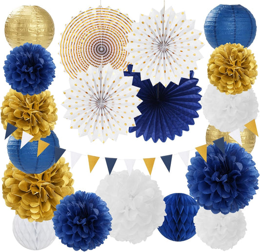 Navy-Blue White Gold Party-Decorations - 20pcs Graduation 2025 Paper Lanterns Fans,Tissue Pom Poms,Honeycomb Ball,Birthday Bridal Celebration Bachelorette Baby Shower Wedding Homecoming Decor Burgleda
