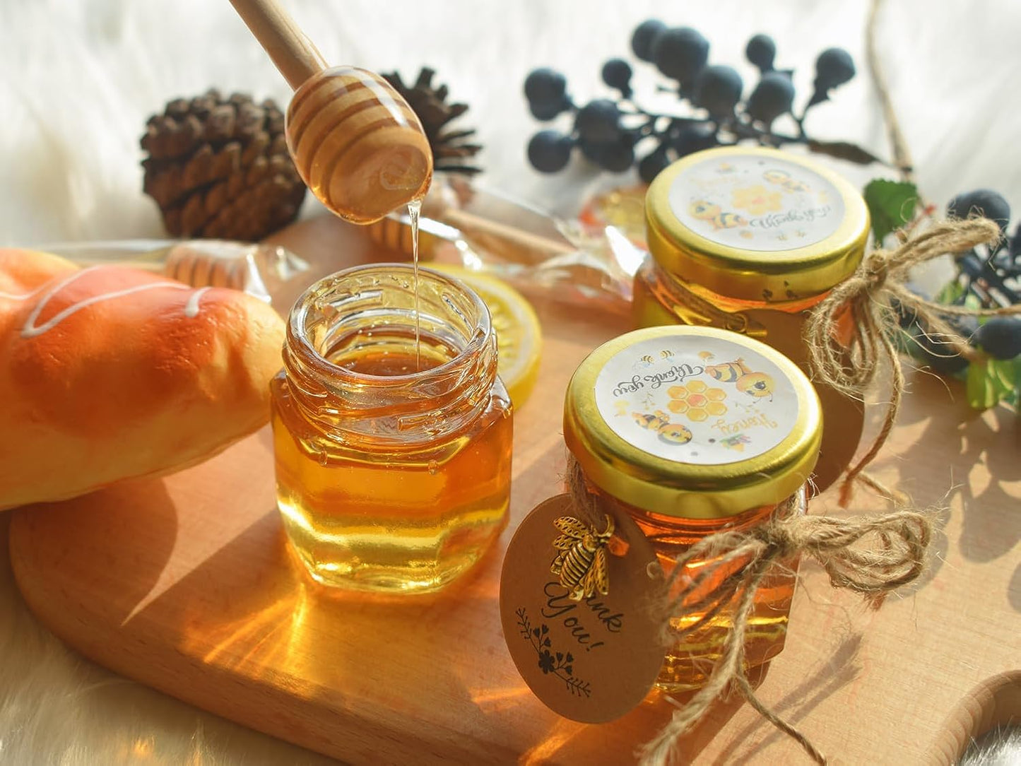 IIKUM 40 Pack Glass Honey Jars, 1.5 oz Honey Pot with Baby Shower Sash, Lids, Dippers, Bee Pendants, Gift Bags, Cards, Jute and Stickers-Ideal Honey Jars Set for Baby Shower, Wedding and Party Favors