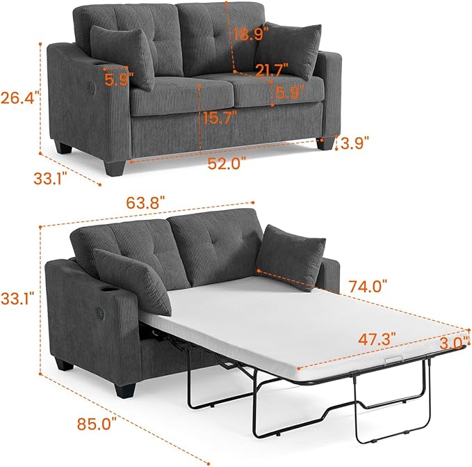Full Size Pull Out Sleeper Sofa Bed, 2-in-1 Convertible Corduroy Pull Out Couch - Image 3