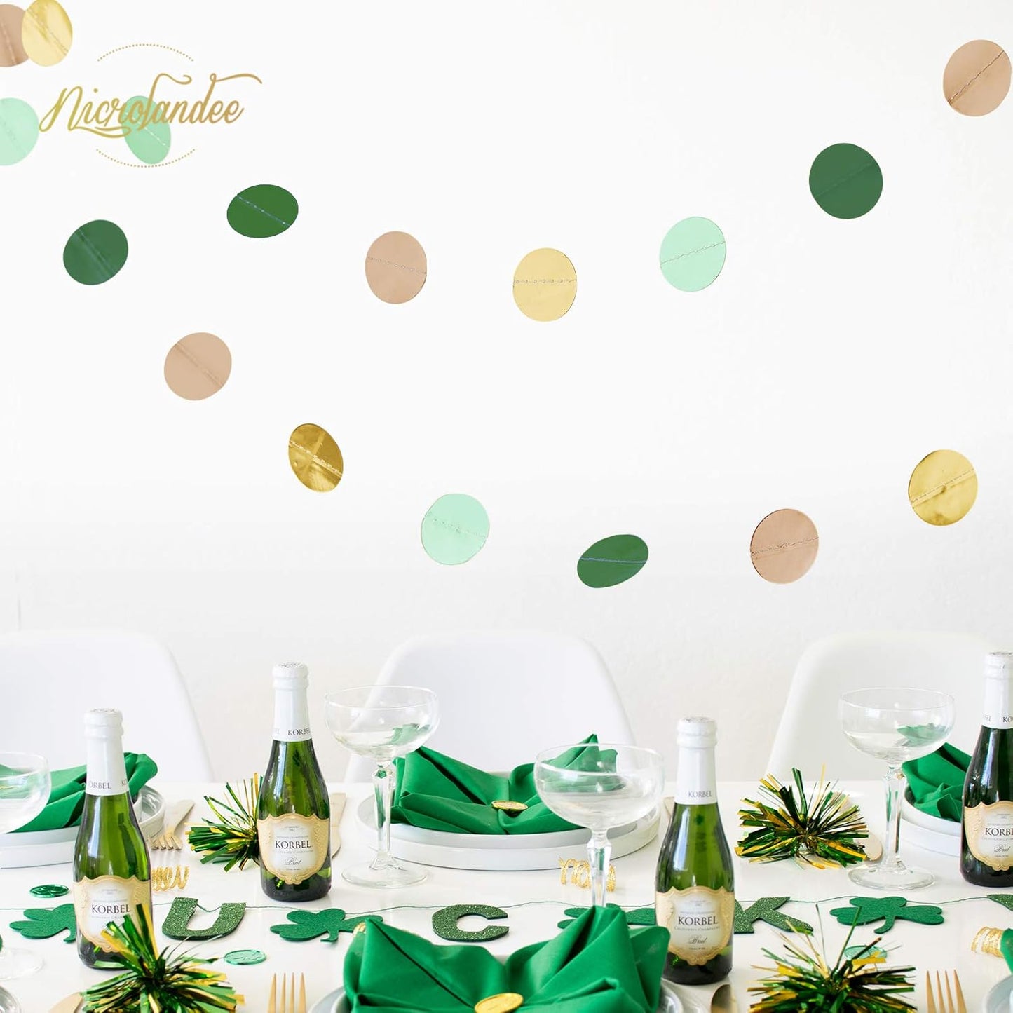 NICROLANDEE Wedding Party Decorations - 3 Pack Sage Green Dots Paper Garland String Hanging Backdrop for St Patricks Day Rustic Wedding, Neutral Baby Shower, Vintage Party, Birthday, Engagement