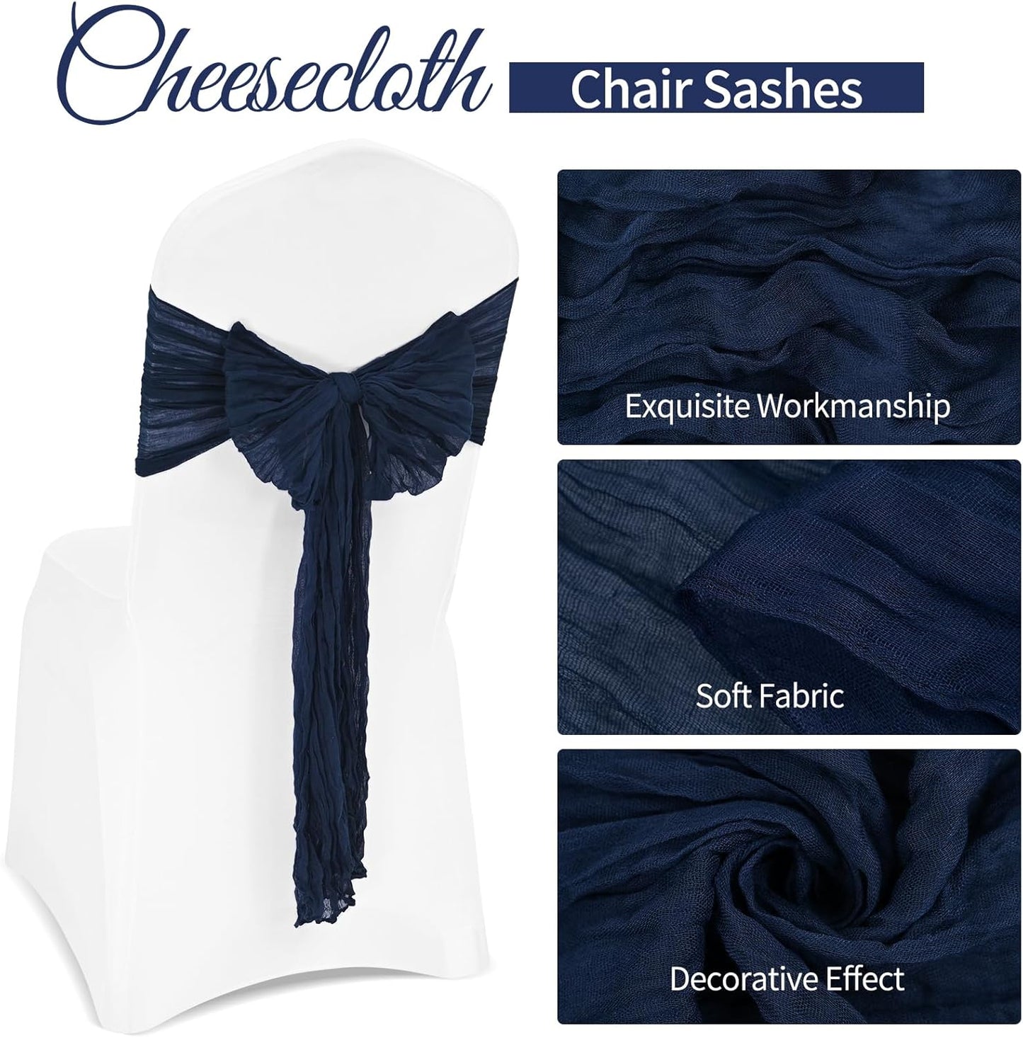 36 Pcs Navy Blue Cheesecloth Chair Sashes, 16 x 108 inch Gauze Fabric Washable Chair Sashes Bows Designed for Aisle Decorations Universal Chair Cover Decor for Wedding Reception Party Banquet