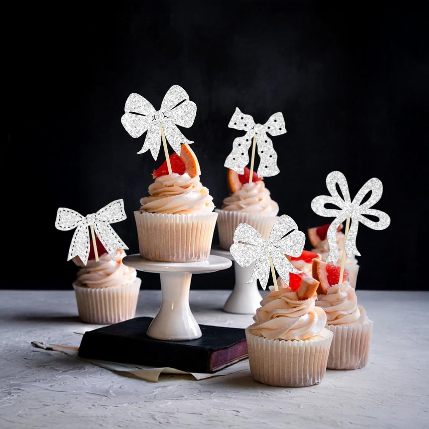 Ephlyn 24pcs Silver Bow Cupcake Toppers for Birthday, Baby Shower, Bridal Shower, Wedding, Bachelorette Party