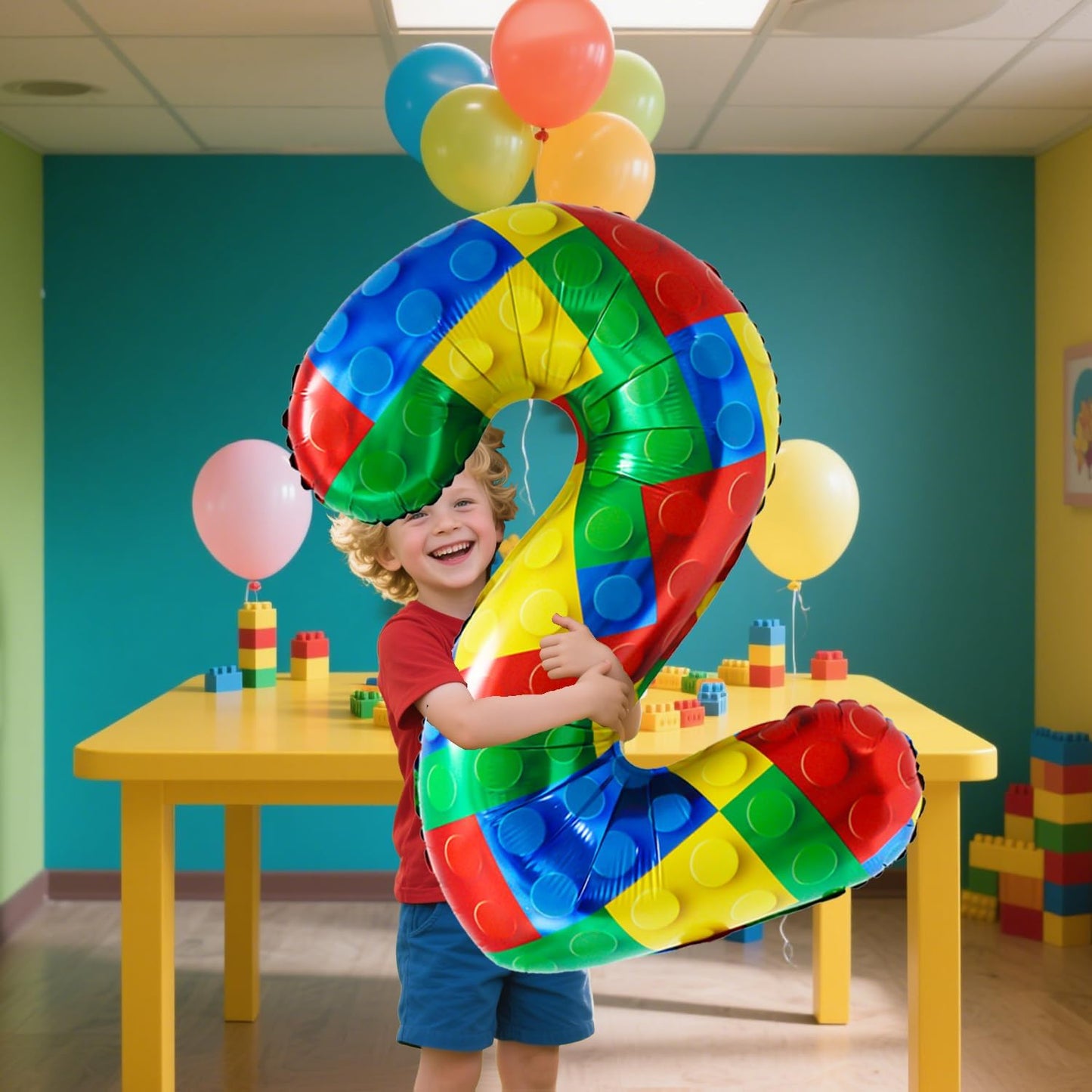 32 Inch Stackable Block Number Balloon – Colorful Brick Building Themed Big Helium Digits for Kids Birthday Party Decorations (Building Block, Number 2)