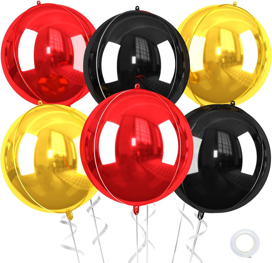 Black Gold Red Giant 4D Foil Balloons, 6 Pcs Large Metallic Black and Gold Round Balloons, 22 Inch Big Round Foil Balloon for Birthday Party Baby Shower Graduation Prom Wedding Decorations