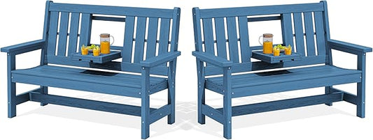SERWALL Outdoor Bench with Cup Holder, Oversized 58" HDPE Porch Bench Suitable by SERWALL