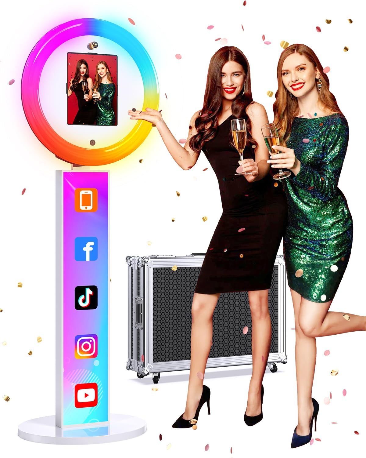 Portable Photo Booth,Selfie Photo Booth with RGB Ring Light Free Customizable Logo Photo Booth Machine for Christmas Wedding Party Booth APP Control Flight Case White