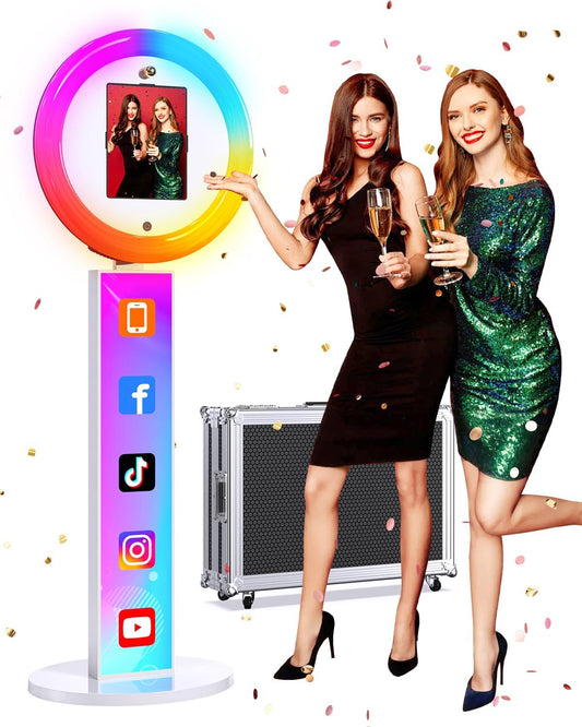 Portable Photo Booth,Selfie Photo Booth with RGB Ring Light Free Customizable Logo Photo Booth Machine for Christmas Wedding Party Booth APP Control Flight Case White